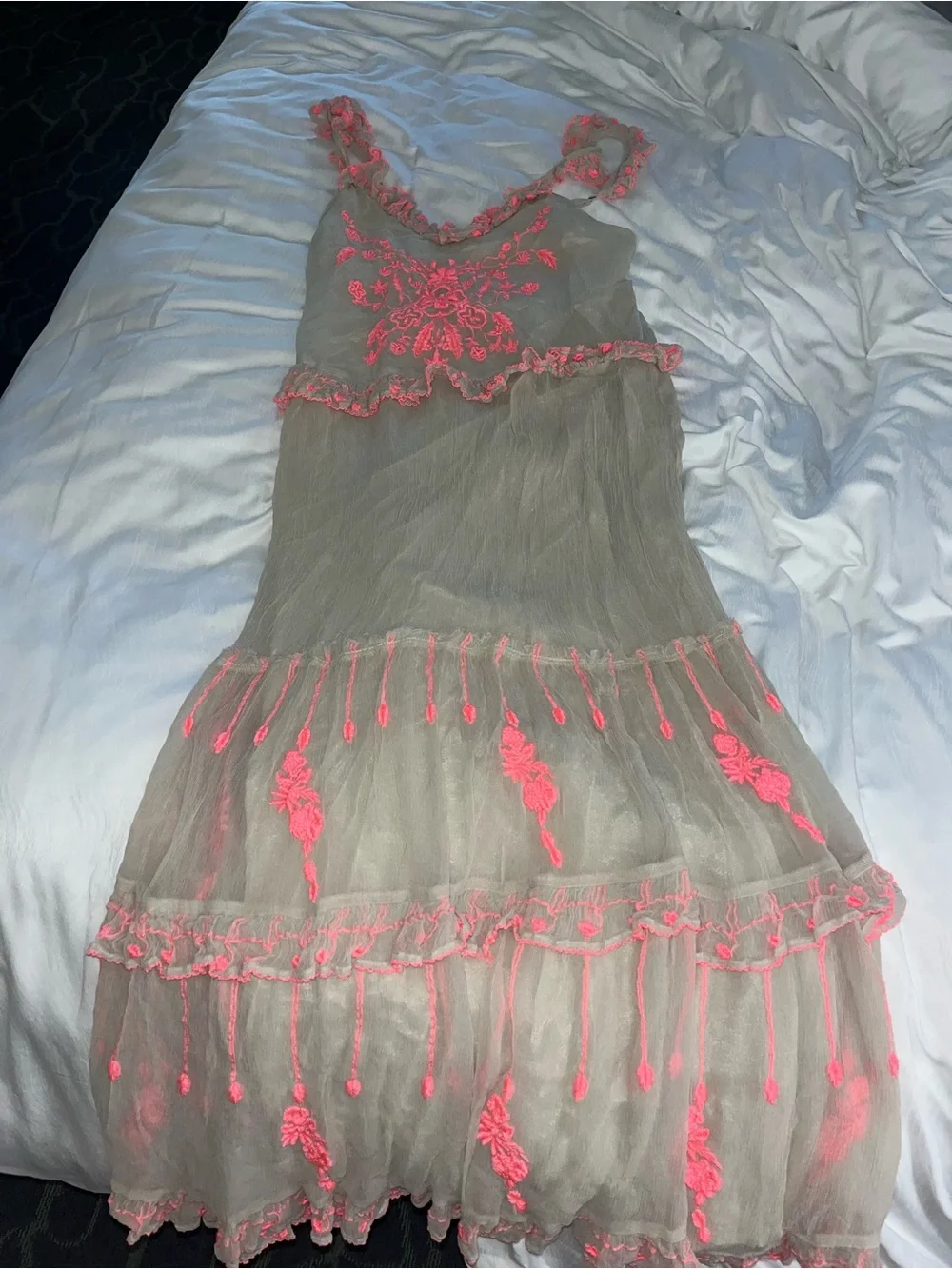 free people Sheer Beige Dress with Neon Pink Embroidery